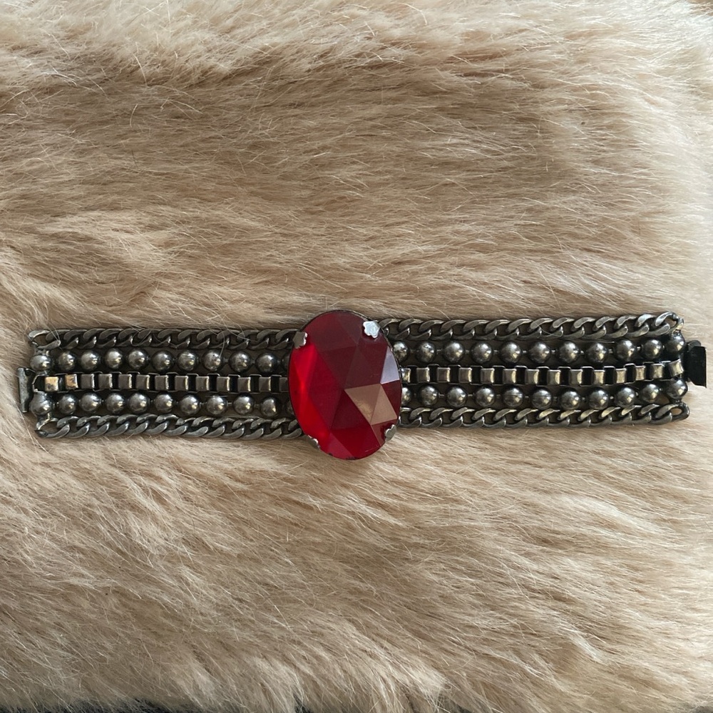 Vintage Grey Metal Chain Bracelet with Ruby Red Faux Gem
